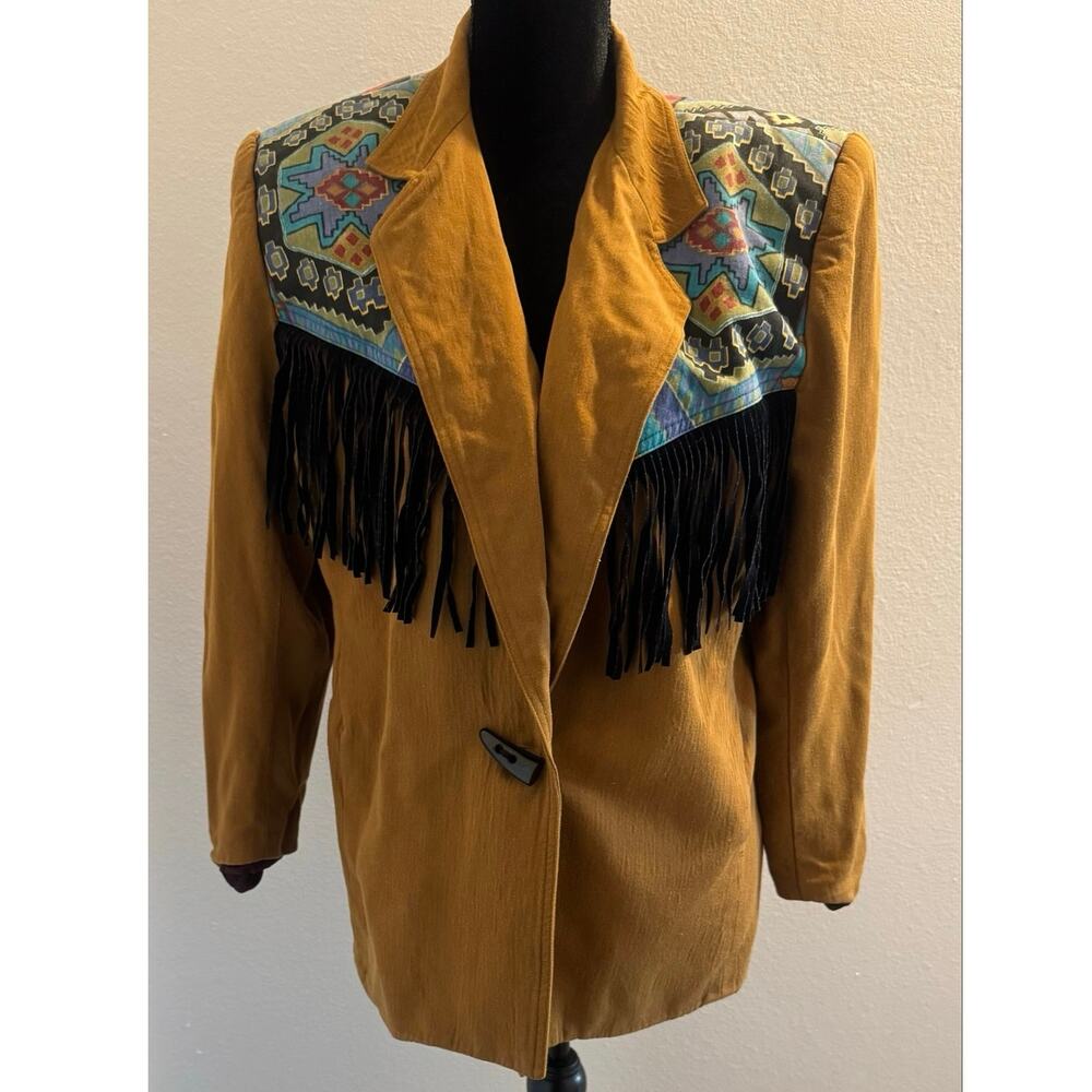 VTG 80s/90s Criscione New York Southwestern/Aztec fringe jacket W Medium Mustard